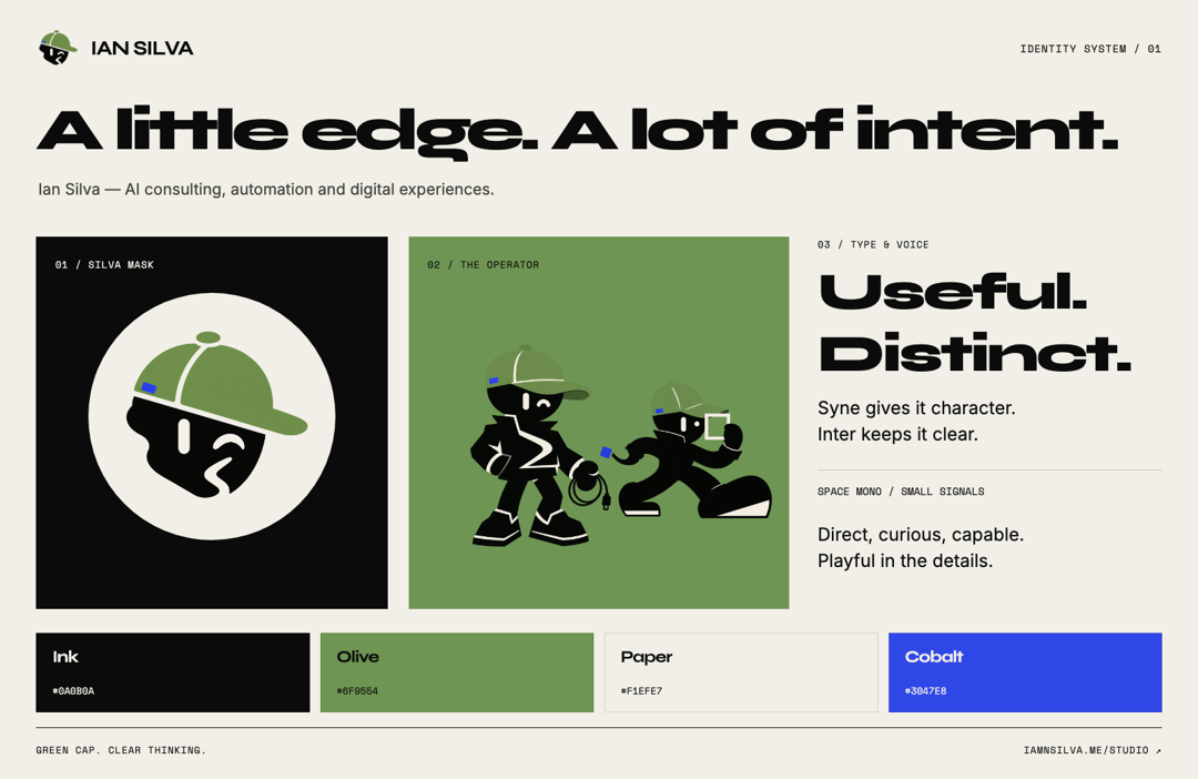 Identity board layout in the Ian Silva palette